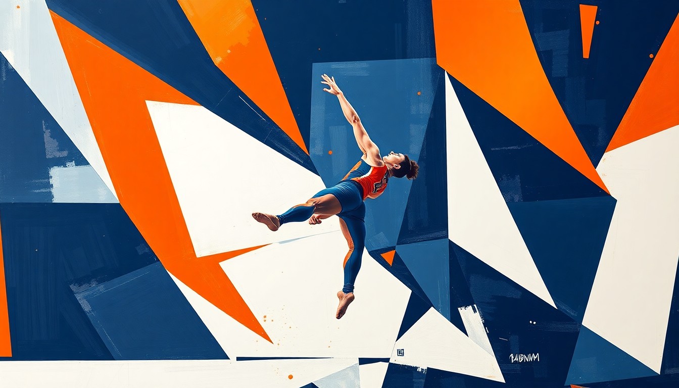 A fractured, cubist-style painting depicting a gymnast performing on the balance beam, with the figure broken down into sharp, overlapping geometric shapes in Auburn's signature colors of navy blue, burnt orange, and white.
