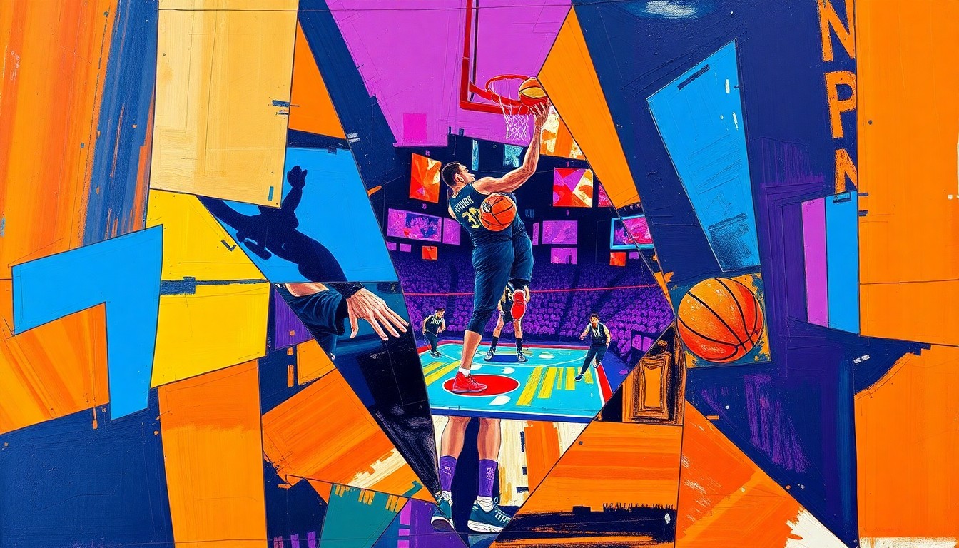 A cubist, geometric painting depicting a fragmented basketball game, with sharp, overlapping planes of color representing the energy and intensity of the sport.