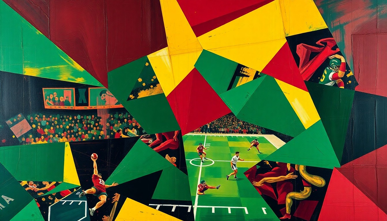 A fragmented, cubist-style painting depicting a sports competition or game, with sharp geometric shapes in maroon, green, and yellow representing the dynamic action on the field.