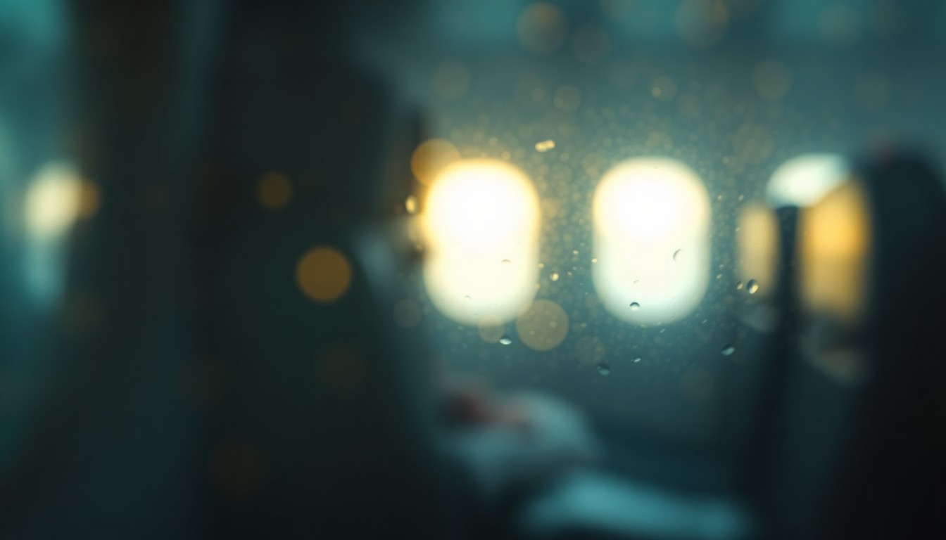 An abstract, impressionistic photograph of a blurred airplane cabin interior, with soft pools of warm yellow and blue light, conceptually representing the intimate, unexpected moment of an in-flight birth.