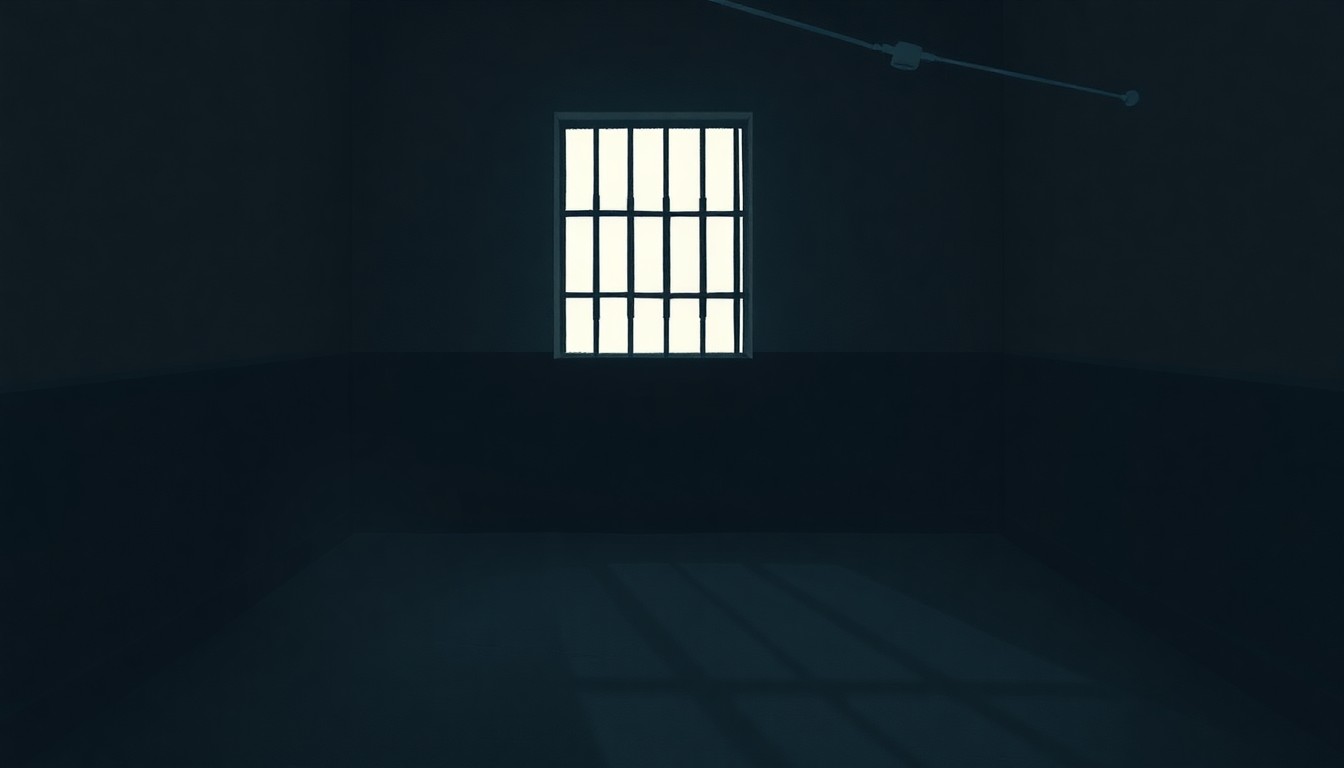 A dimly lit, cinematic prison cell with long shadows cast by a single barred window, conveying a sense of isolation and the heavy toll of political repression.