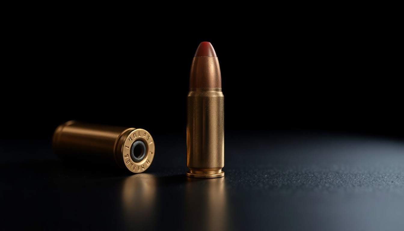 An extreme close-up photograph of a single bullet casing on a pitch-black background, the harsh flash illuminating the metallic texture and form of the object in a stark, investigative manner that conveys the serious, gritty nature of the story's subject matter.