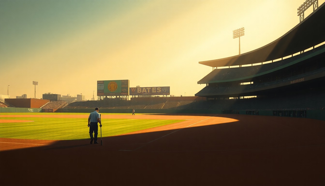 A serene, textured oil painting depicting a lone groundskeeper tending to a baseball diamond, the field bathed in warm, golden light and deep shadows, conceptually representing the care and attention required to maintain a professional-caliber playing surface.