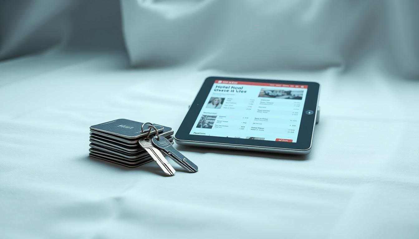 A high-end, photorealistic studio still-life photograph featuring a stack of hotel room keys, a hotel room service tray, and a digital tablet displaying hotel booking information, all arranged elegantly on a clean, white seamless background and using dramatic lighting to represent the abstract concepts of hospitality, operations, and technology in the hotel industry.