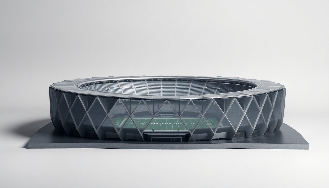A high-end, photorealistic studio still-life featuring a polished, geometric model of a football stadium made from premium materials like brushed aluminum, glass, and carbon fiber, elegantly arranged on a clean, monochromatic background with dramatic studio lighting to represent the abstract corporate strategy and financial risks behind this major development project.