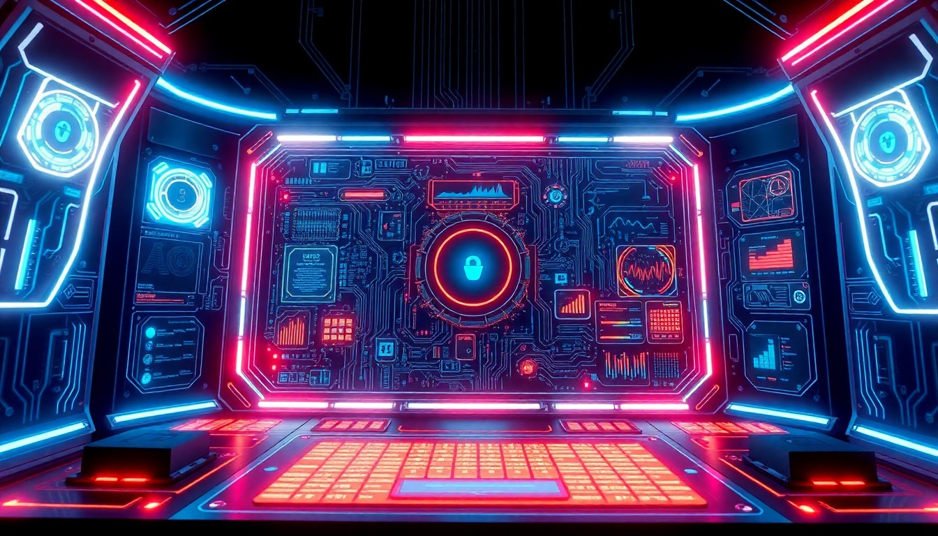 A highly detailed, glowing 3D illustration of a futuristic cybersecurity control panel, symbolizing the growing threat of AI-powered cyberattacks.