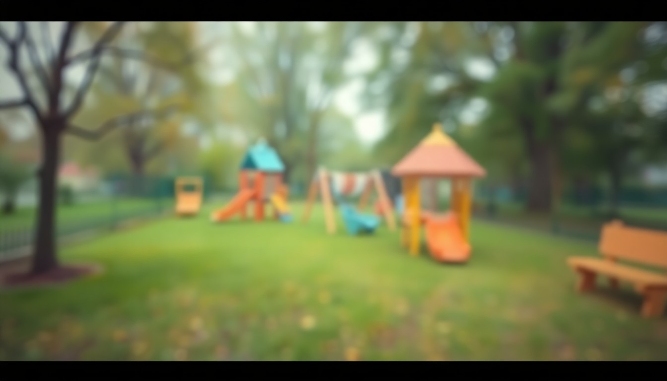 A blurred, impressionistic scene of a children's playground, with muted colors and a sense of warmth and nostalgia, conveying the community's efforts to honor a young victim and create a space for healing and renewal.