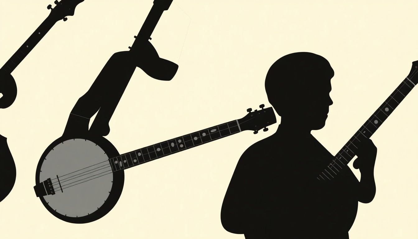 A graphic illustration featuring bold black silhouettes of different banjo shapes and styles against a vibrant red and white background, conceptually representing the diverse musical styles and innovations honored by the American Banjo Museum Hall of Fame.