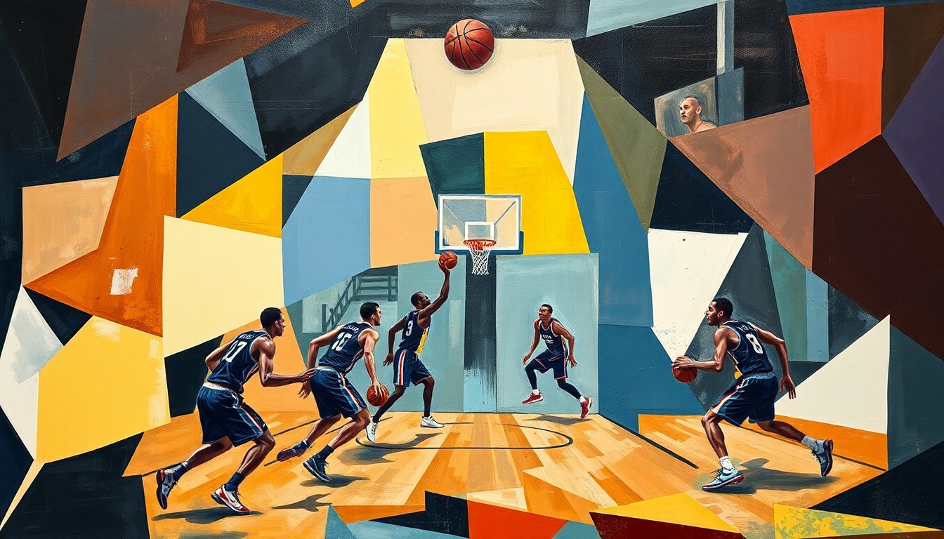 A cubist, geometric painting depicting the fragmented, multi-angled forms of basketball players in motion, with their bodies and movements broken down into sharp, overlapping planes of color and abstract shapes.