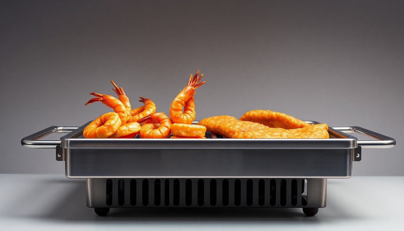 A photorealistic studio still-life photograph featuring a polished, stainless steel food truck grill with sizzling shrimp and golden-fried fish fillets, conceptually representing the quality and craftsmanship of Oak City Fish & Chips' signature menu items.