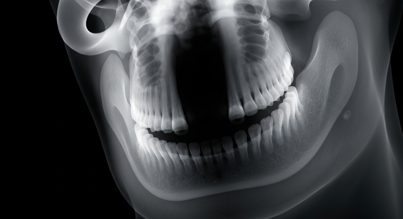 A highly detailed, translucent X-ray photograph showing the internal structures of a human mouth and jaw, with the teeth, bones, and soft tissues glowing against a dark background, conceptually representing the importance of a thorough clinical examination for oral cancer screening.
