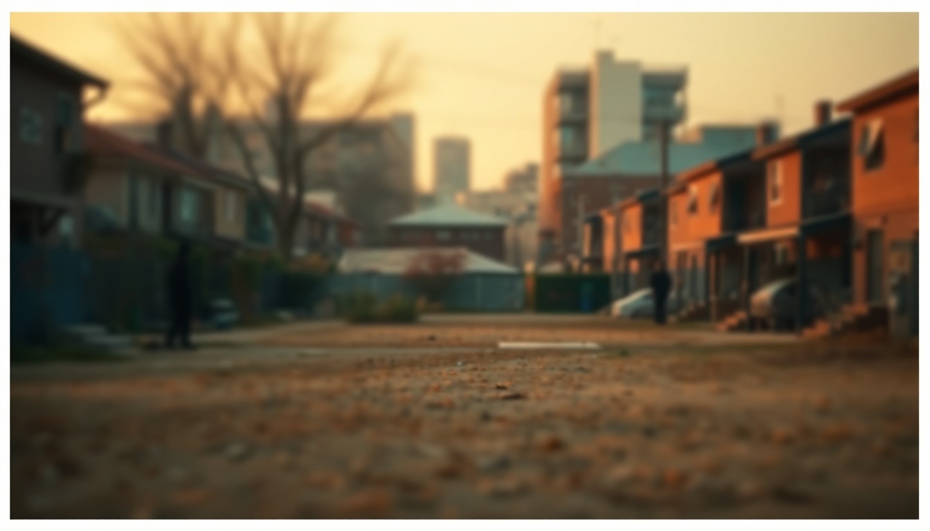 An extremely abstracted, out-of-focus photograph in warm tones depicting the hazy outline of a vacant lot in an urban neighborhood, with blurred silhouettes of people and buildings in the background, conceptually representing the process of testing and redeveloping underutilized land.
