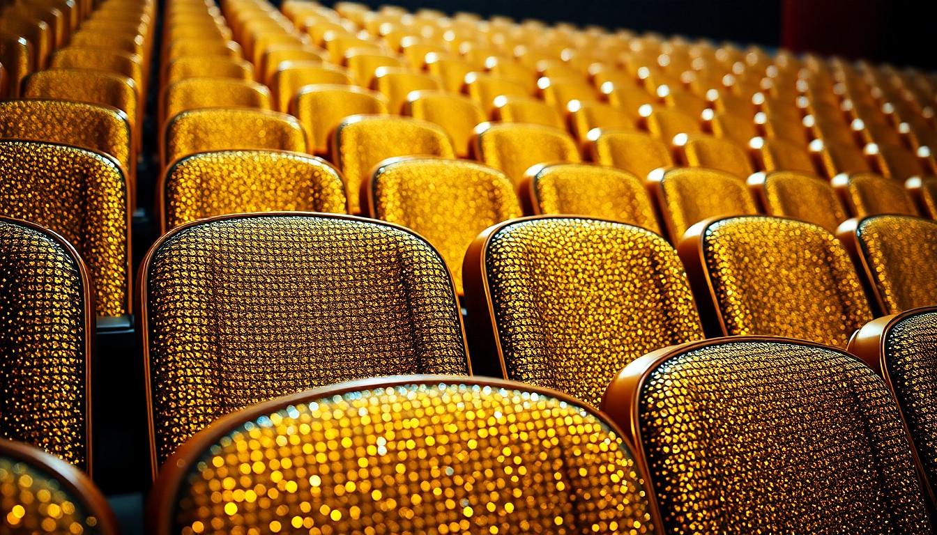 An abstract close-up photograph of luxurious gold and silver movie theater seats, capturing the glamour and energy of a packed holiday weekend at the cinema.