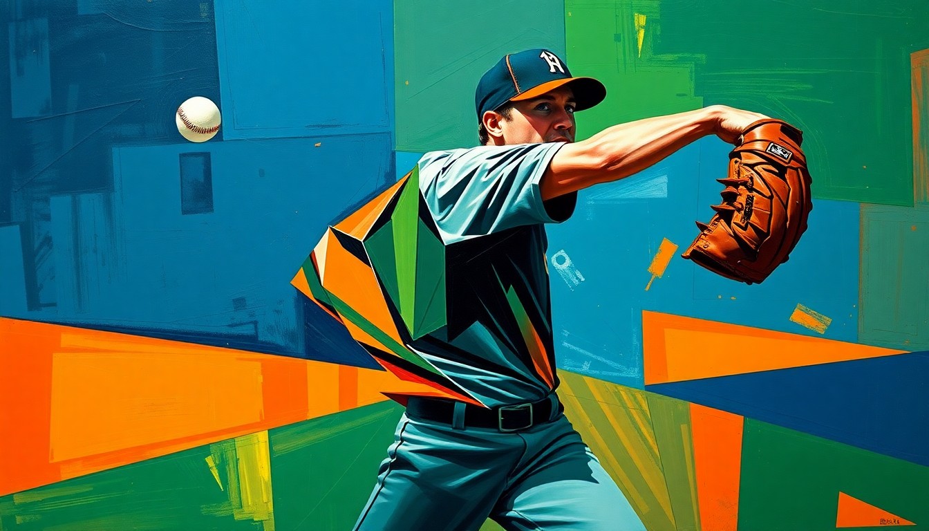 A fragmented, geometric painting depicting the motion of a baseball pitcher in a dynamic, abstract style, conveying the energy and intensity of the sport.
