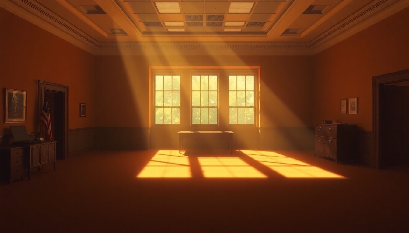 A quiet, cinematic painting of an empty government office space with warm, diagonal sunlight and deep shadows, conveying a sense of political tension and gridlock.