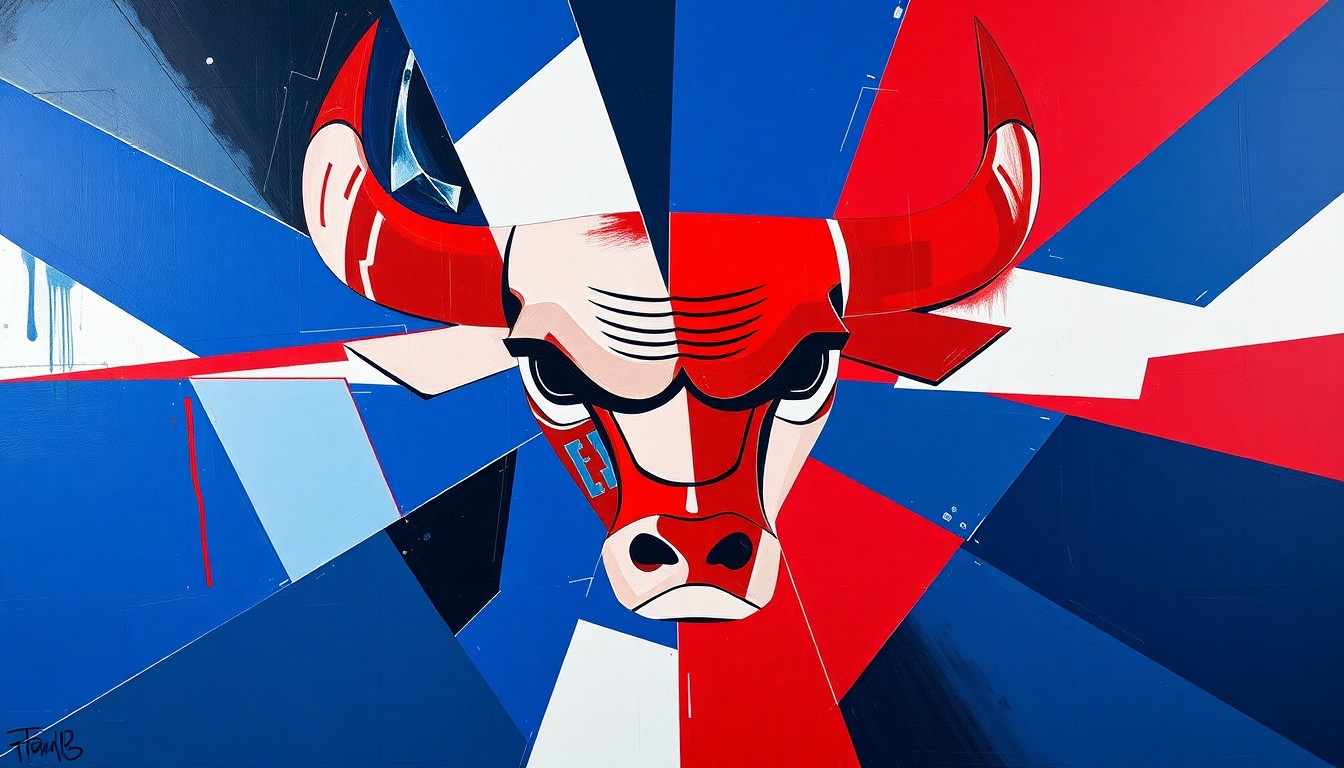 A cubist-style painting featuring sharp, overlapping geometric shapes in navy blue, red, and white, conceptually representing the fractured state of the Chicago Bulls' front office following the firings of Karnisovas and Eversley.