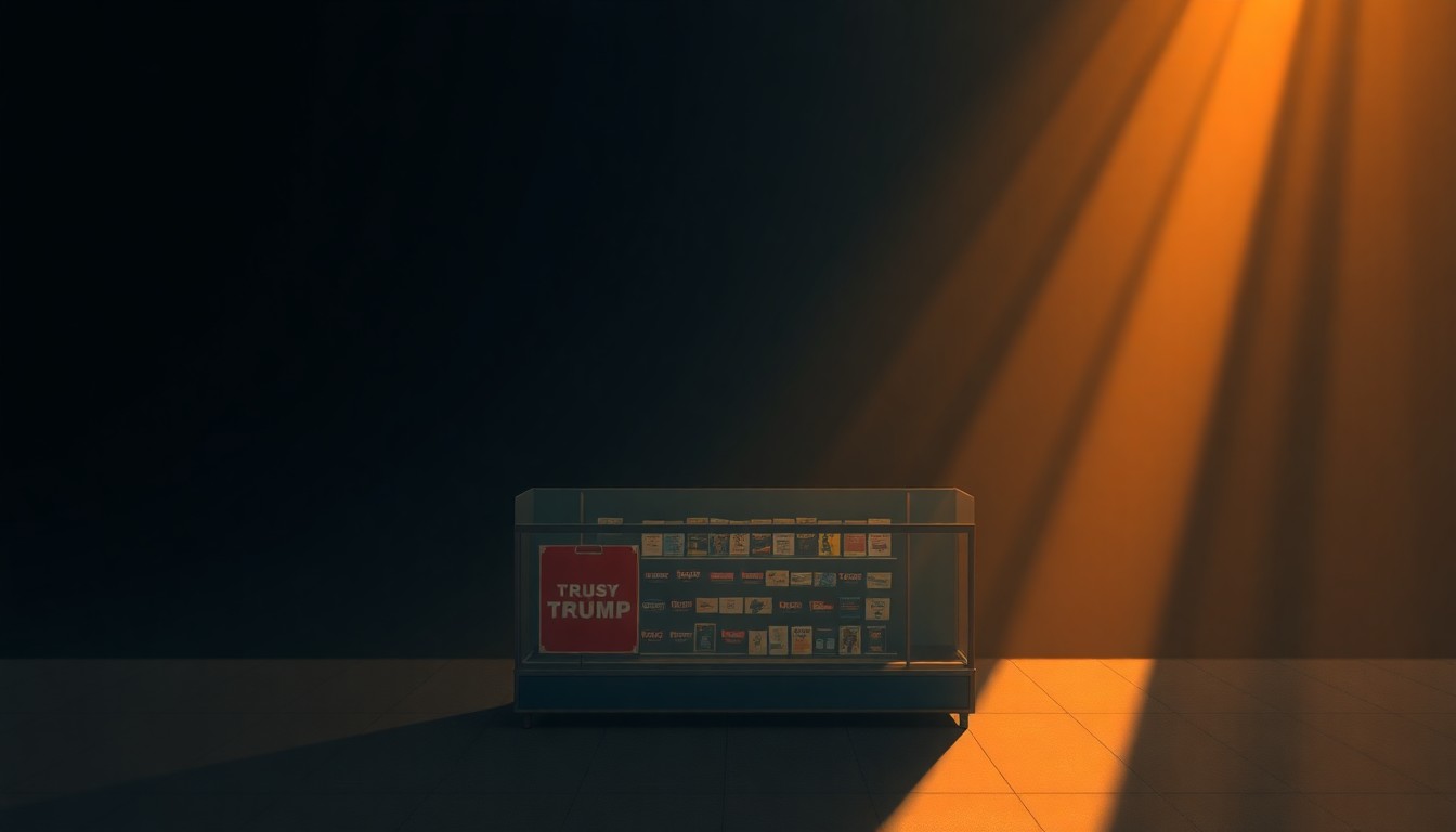 A serene, cinematic painting depicting a lone Trump merchandise display stand in a dimly lit room, with warm sunlight streaming in through a window and casting deep shadows across the scene, conveying a sense of melancholy and isolation.