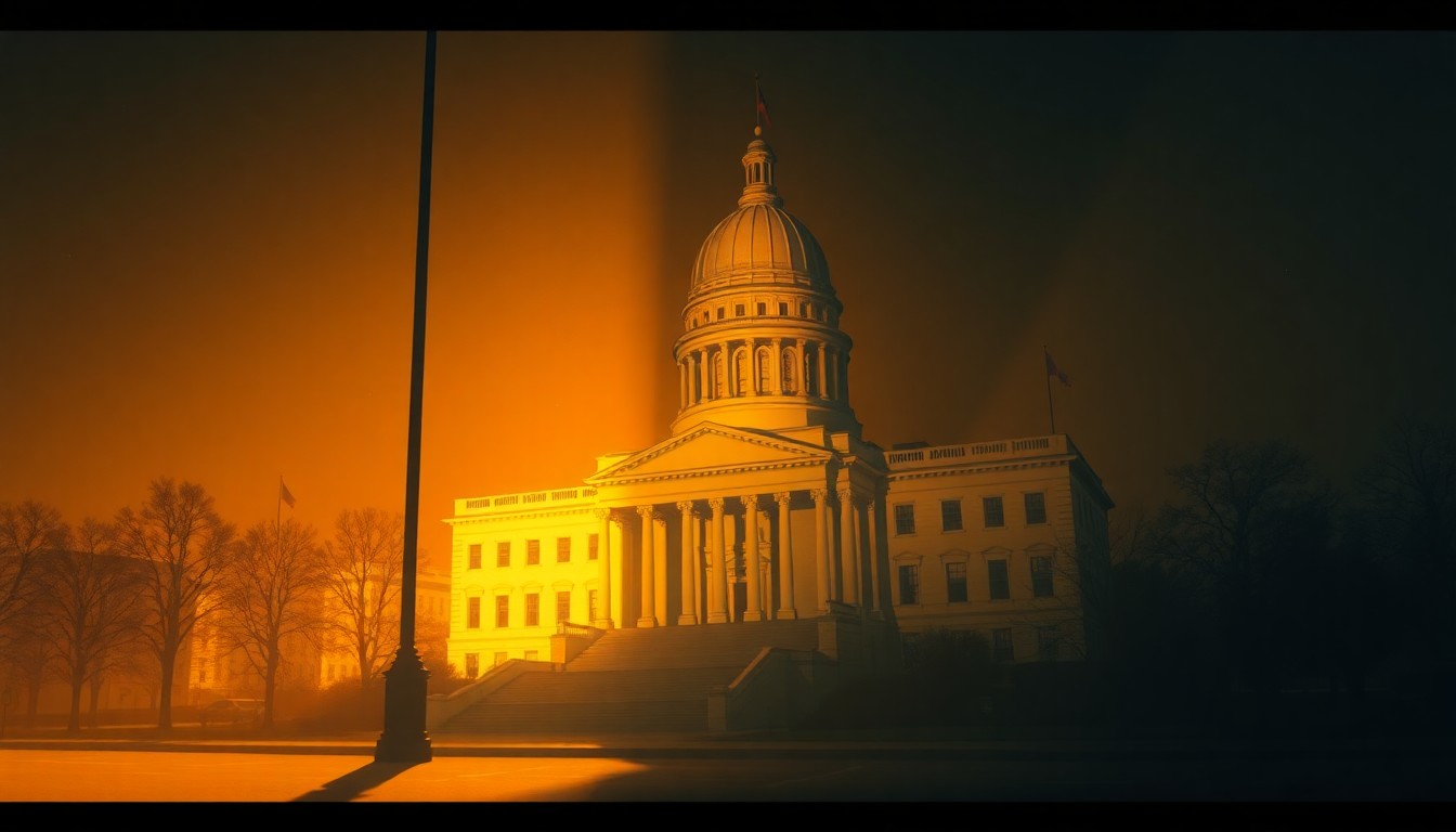 A serene, cinematic painting of an Ohio state capitol building in warm sunlight and deep shadows, conveying a sense of political contemplation and fiscal responsibility.