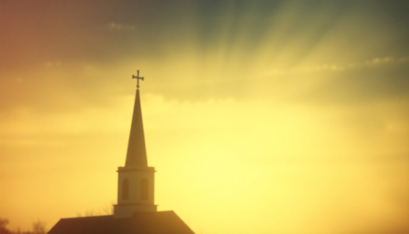 An abstract, impressionistic photograph of a blurred church steeple or cross, surrounded by soft, warm pools of light and color, conveying a sense of spiritual reflection and community legacy.