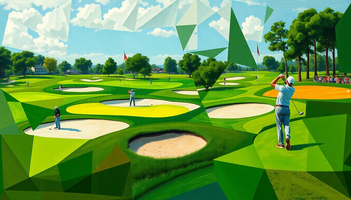 A fragmented, geometric painting depicting the dynamic motion and energy of a college golf tournament, with overlapping planes of green fairways, sand traps, and swinging golf clubs.
