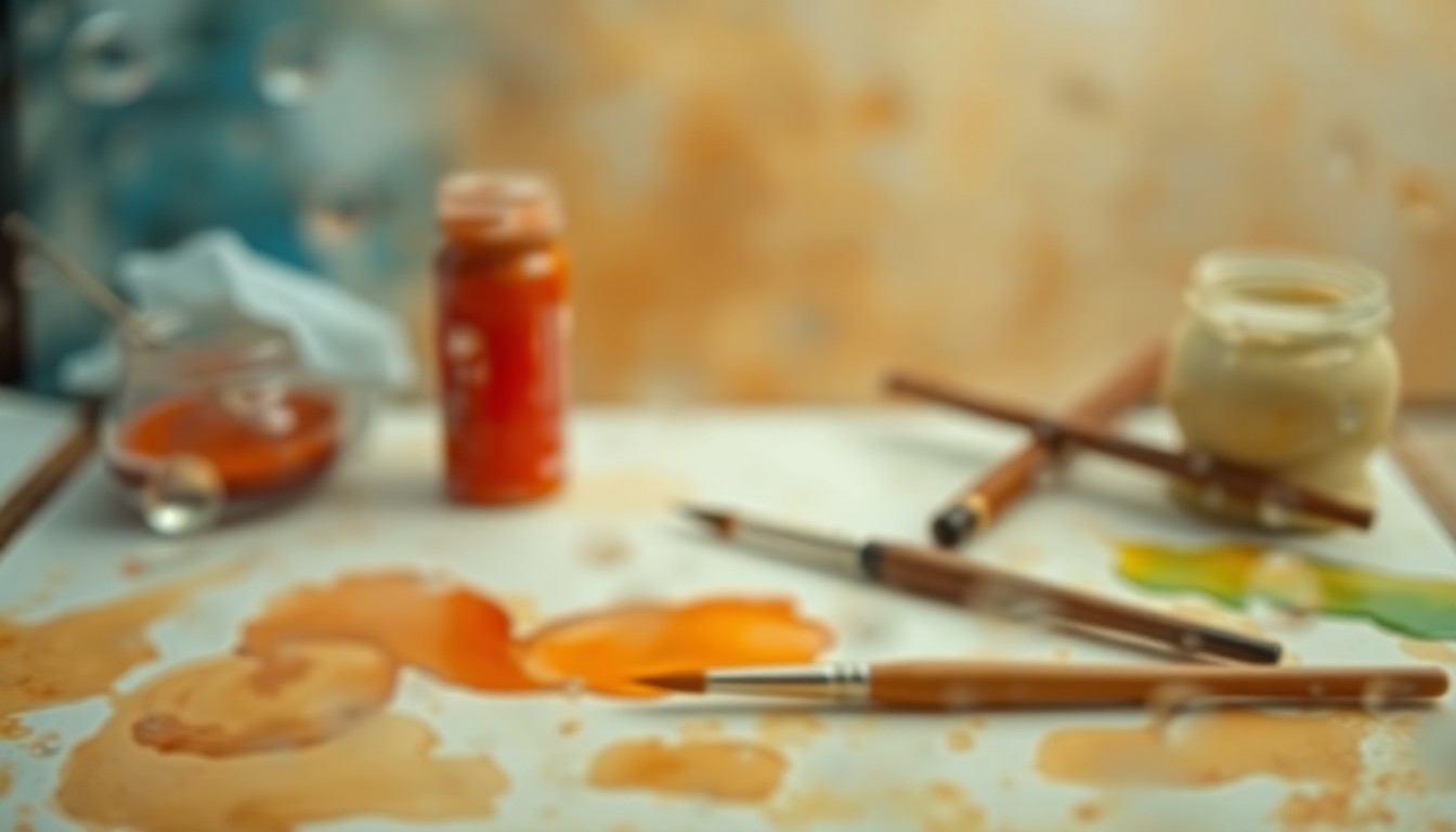 An abstract, out-of-focus scene of watercolor paints, brushes, and paper in soft, warm tones, conceptually representing the planning and composition process of watercolor painting.