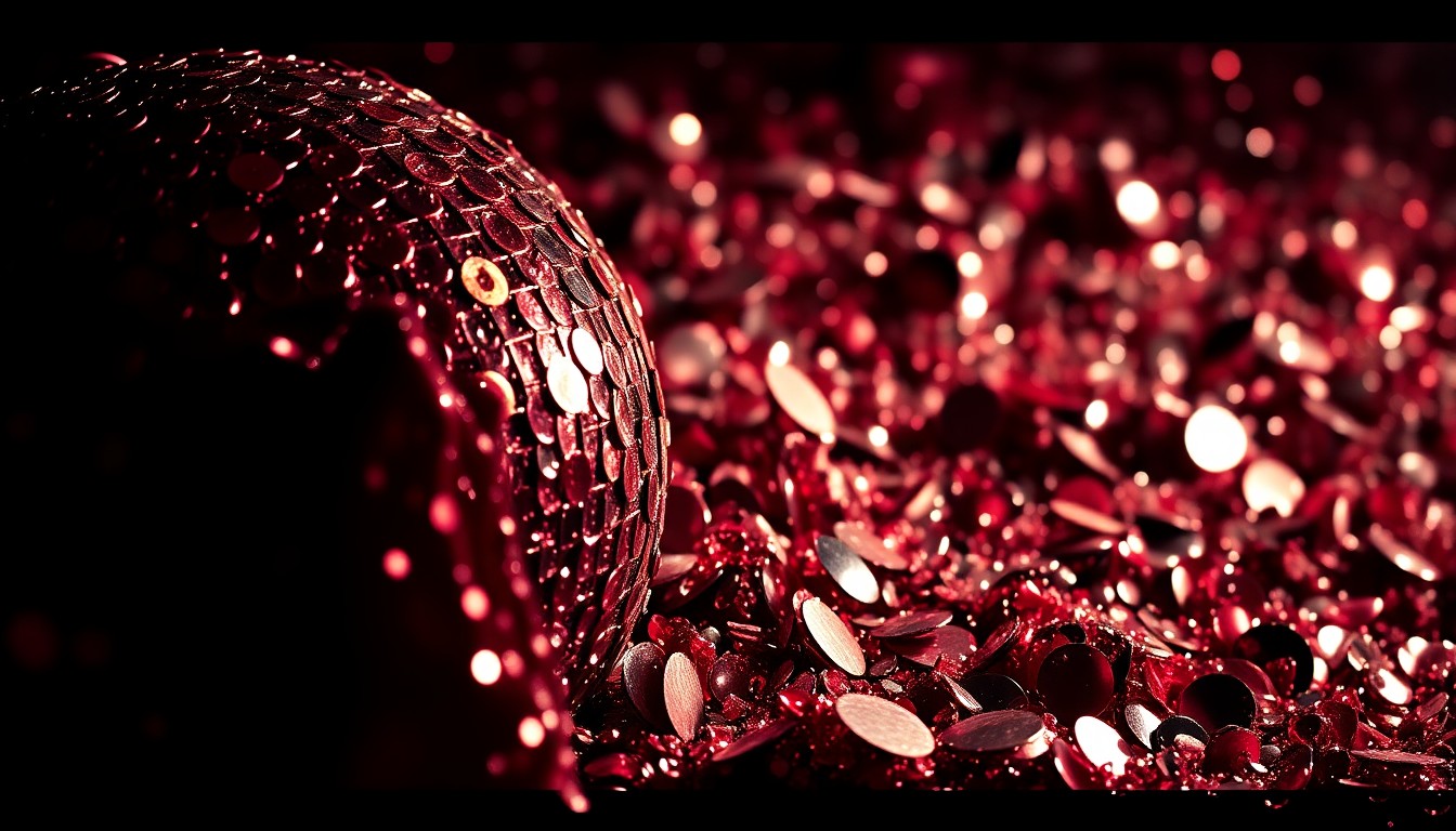 An extreme close-up of shimmering sequins and glittering disco ball fragments, capturing the high-fashion aesthetic of the 'The Devil Wears Prada' sequel.