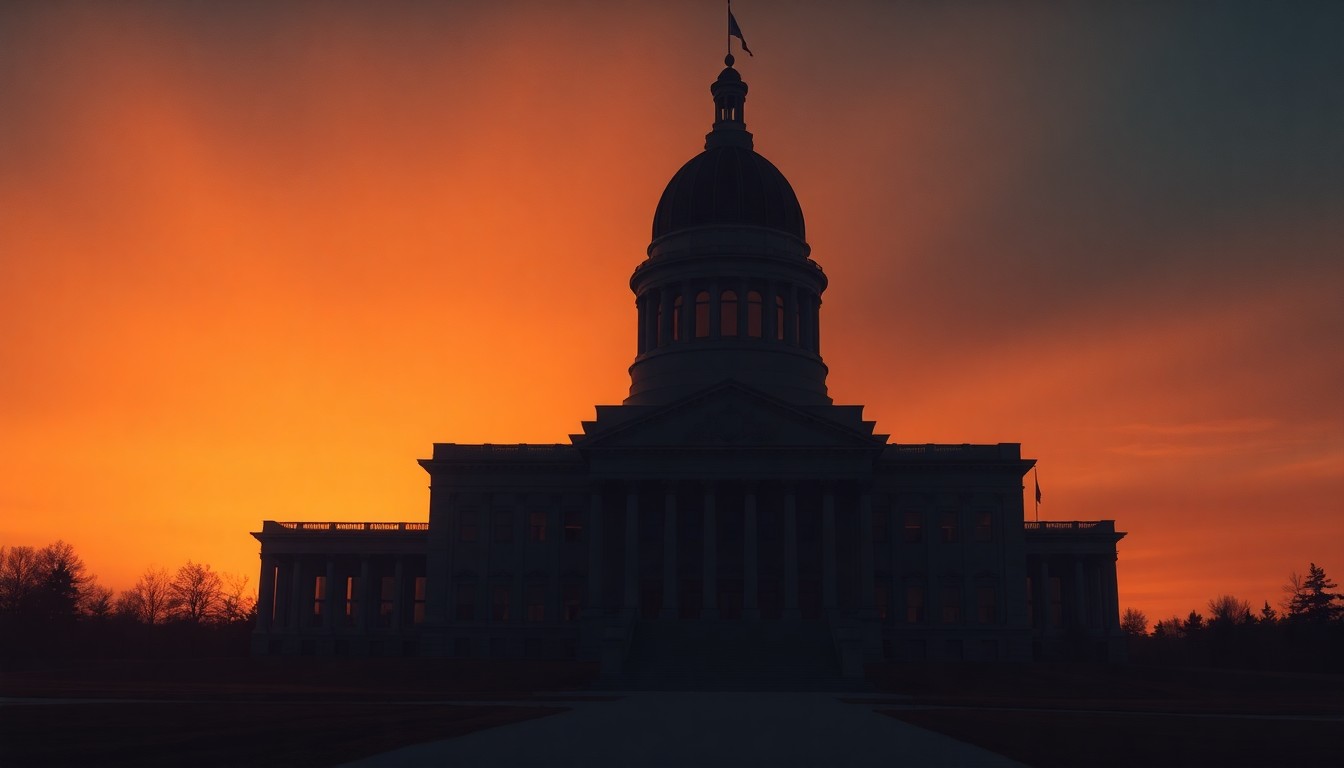 A moody, cinematic painting of a North Dakota state capitol building at dusk, with warm light and deep shadows creating a sense of political tension and uncertainty.