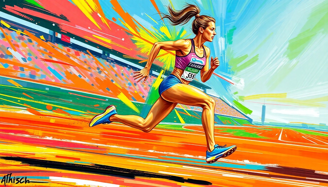 An abstract, energetic painting using bold brushstrokes and vibrant neon colors to depict the dynamic motion of a female distance runner racing on a track.