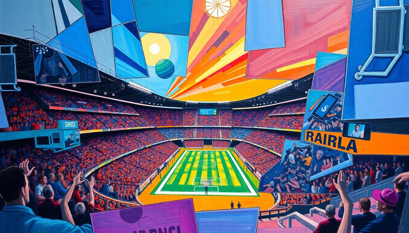 A fragmented, geometric painting depicting the various elements of a sports stadium - seating, playing field, rigging, and more - in a dynamic, overlapping cubist style, conveying the venue's adaptability and resilience.