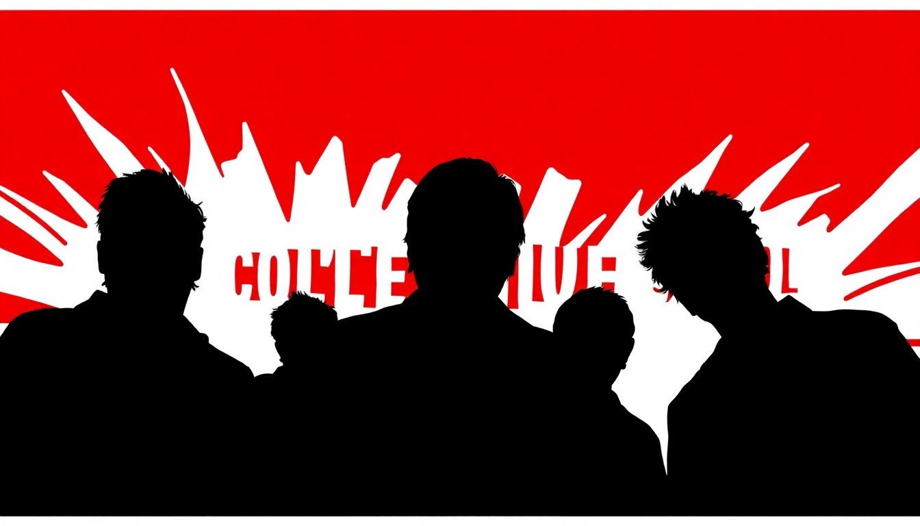 A striking, minimalist illustration featuring overlapping black silhouettes of the members of the rock band Collective Soul, set against a high-contrast red and white background, capturing the energy and spirit of the band's enduring legacy.