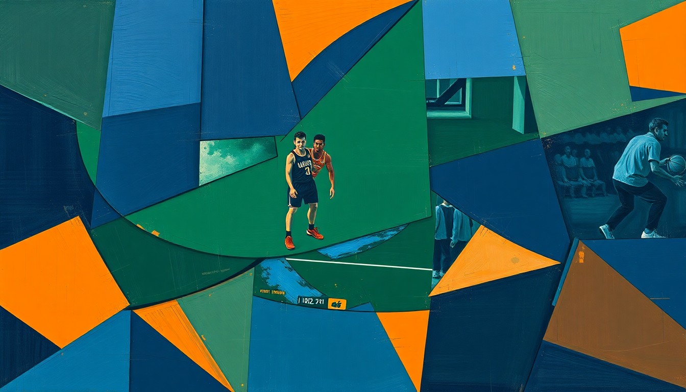 A cubist, geometric painting depicting a fragmented, multi-angled view of a basketball game, with sharp planes of navy, green, and orange representing the dynamic action on the court.