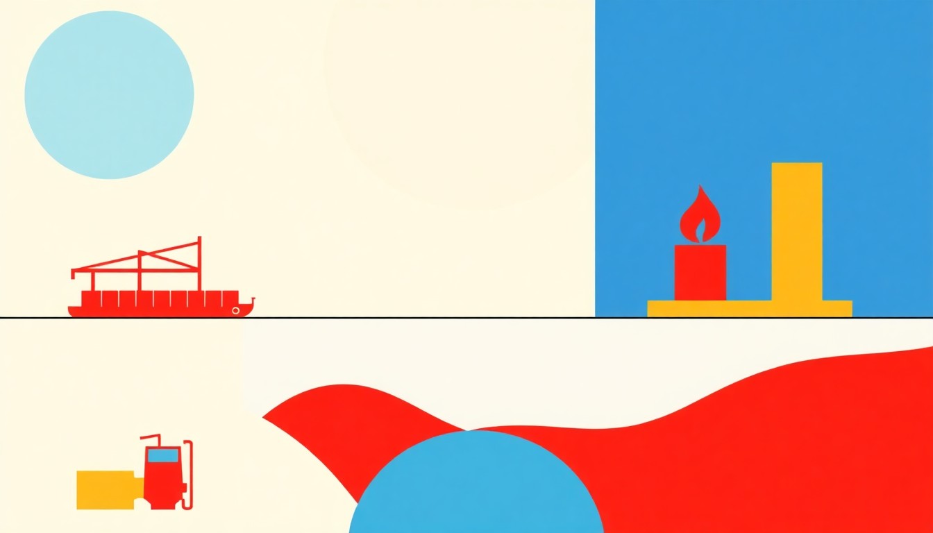 A bold, geometric composition using primary colors and clean lines to conceptually represent the imbalance between fuel exports and domestic oil distribution in the wake of the Trump administration's shipping waiver policy.