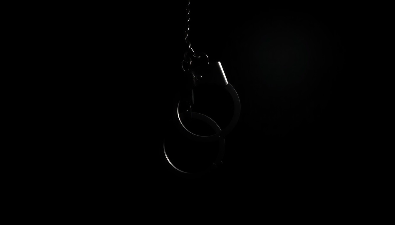 An extreme close-up photograph of a pair of metal handcuffs against a pitch-black background, creating a stark, gritty, and investigative aesthetic that conceptually represents the serious crime of human trafficking.