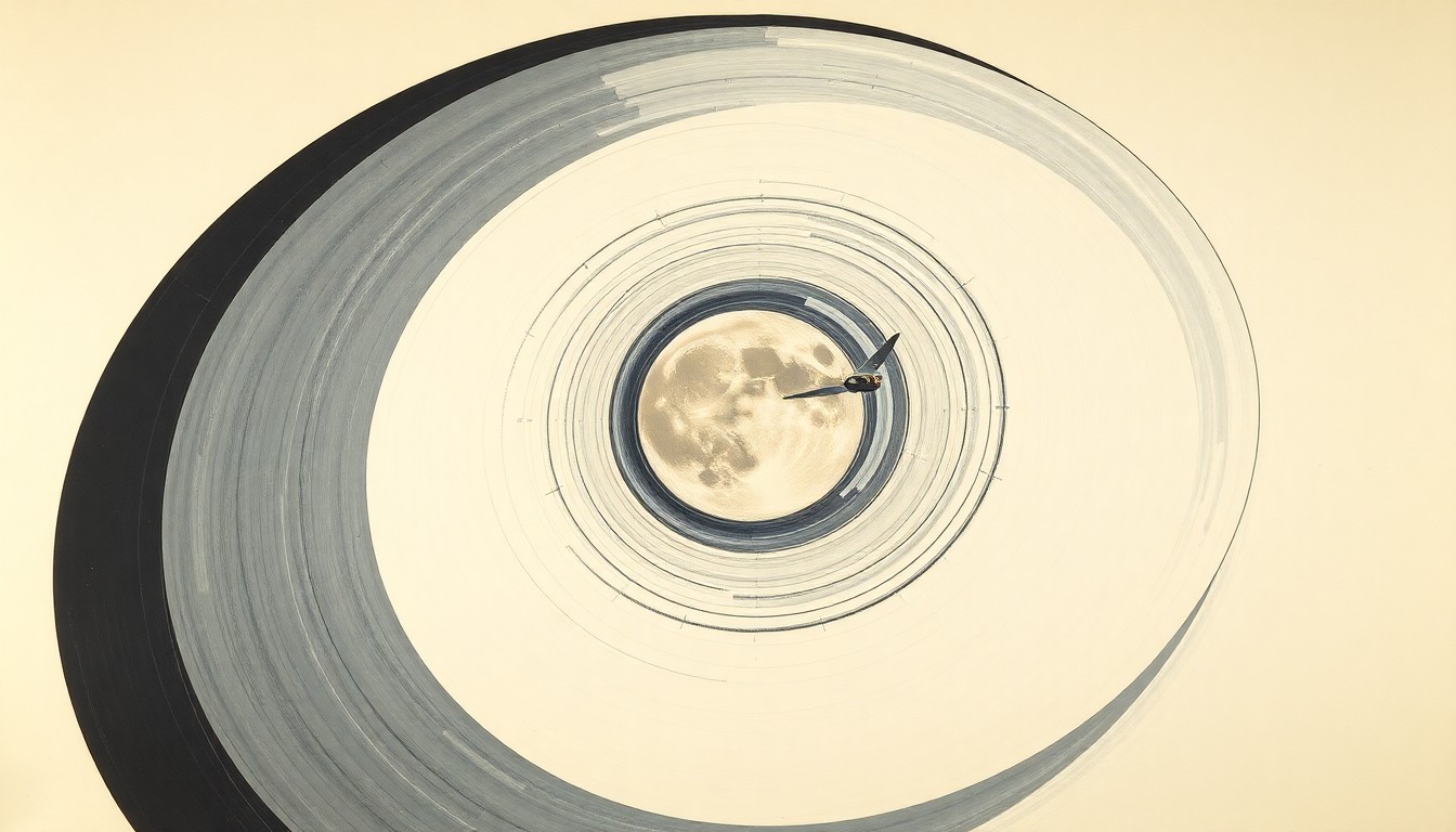 An abstract painting in soft blues, greens, and grays depicting the Artemis 2 spacecraft orbiting the Moon, with sweeping geometric shapes and precise astronomical spirals representing the structural order of the universe.