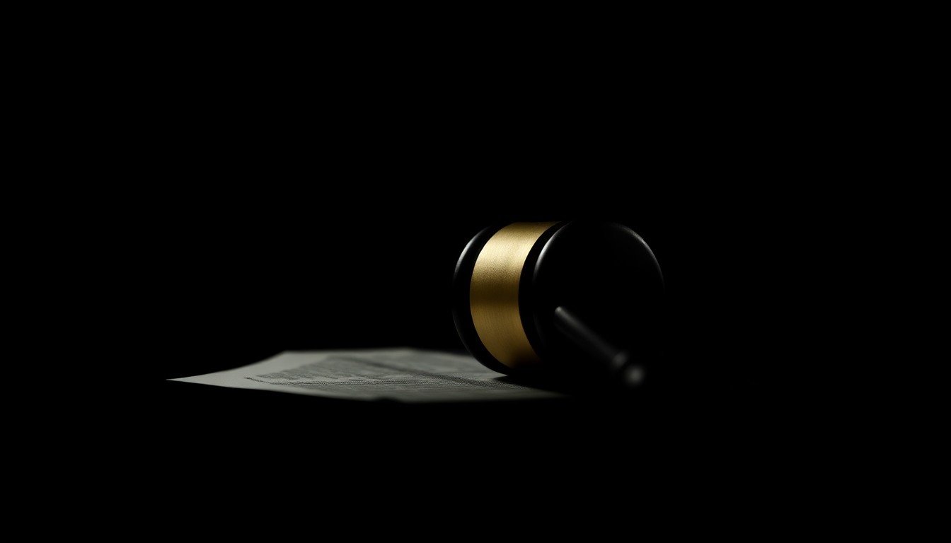 An extreme close-up photograph of a legal document or court gavel, capturing the dramatic, stark, and gritty nature of a high-stakes federal criminal case.