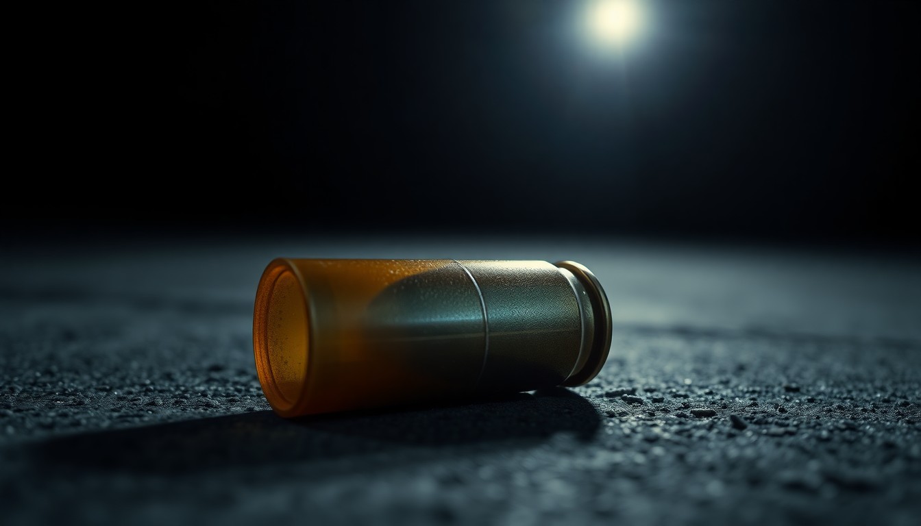 An extreme close-up of a shiny spent shell casing resting on a rough concrete surface, conceptually representing evidence from a bias-motivated crime.
