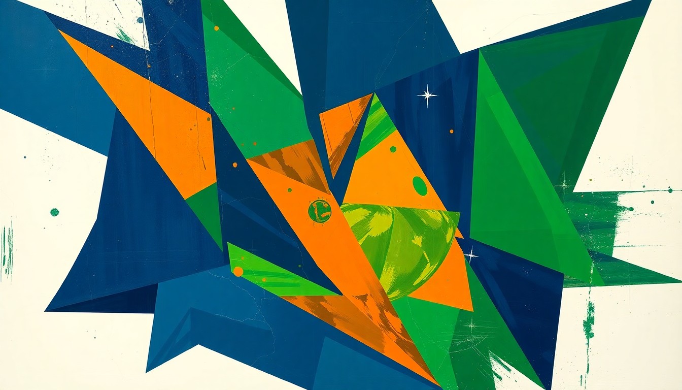 A cubist-style painting featuring overlapping geometric shapes and planes in navy, green, and orange, capturing the dynamic motion and energy of a basketball game.
