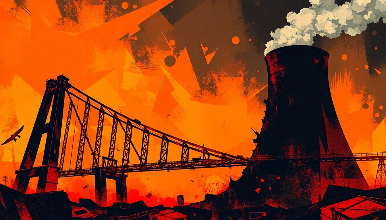 A fractured, abstract painting depicting the crumbling structure of a bridge or nuclear power plant, with overlapping geometric shapes in fiery shades of orange, red, and black, conveying a sense of instability and destruction.