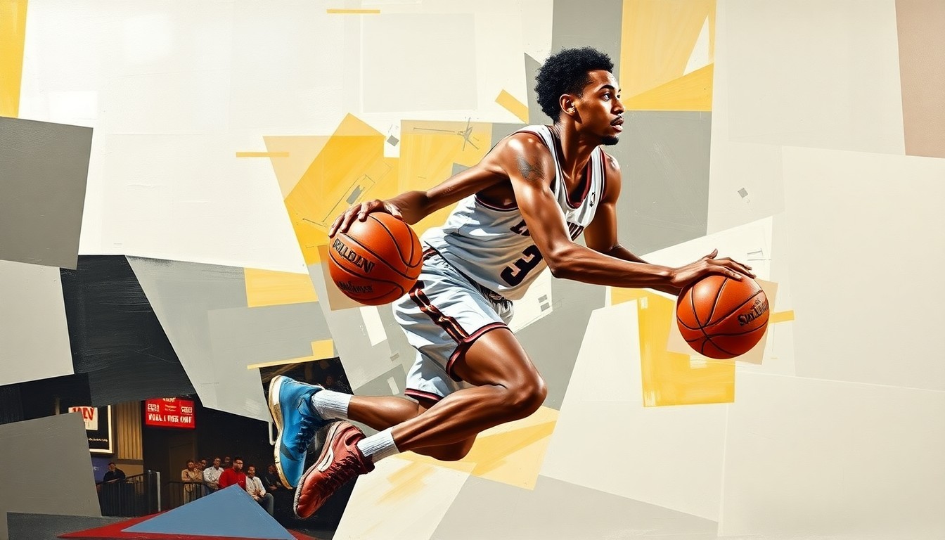 A cubist, geometric painting depicting a college basketball player in motion, with their body fractured into sharp, overlapping planes of color and form.