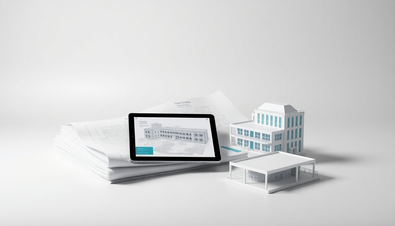 A minimalist studio still life featuring architectural blueprints, a tablet displaying a 3D rendering, and a model of a modern medical facility, conceptually representing the abstract ideas of healthcare real estate investment and facility expansion.
