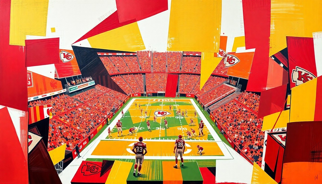 A cubist, geometric painting in the Chiefs' team colors, depicting a fragmented, multi-angled view of a football game, conceptually representing the team's strategic options in the upcoming NFL Draft.