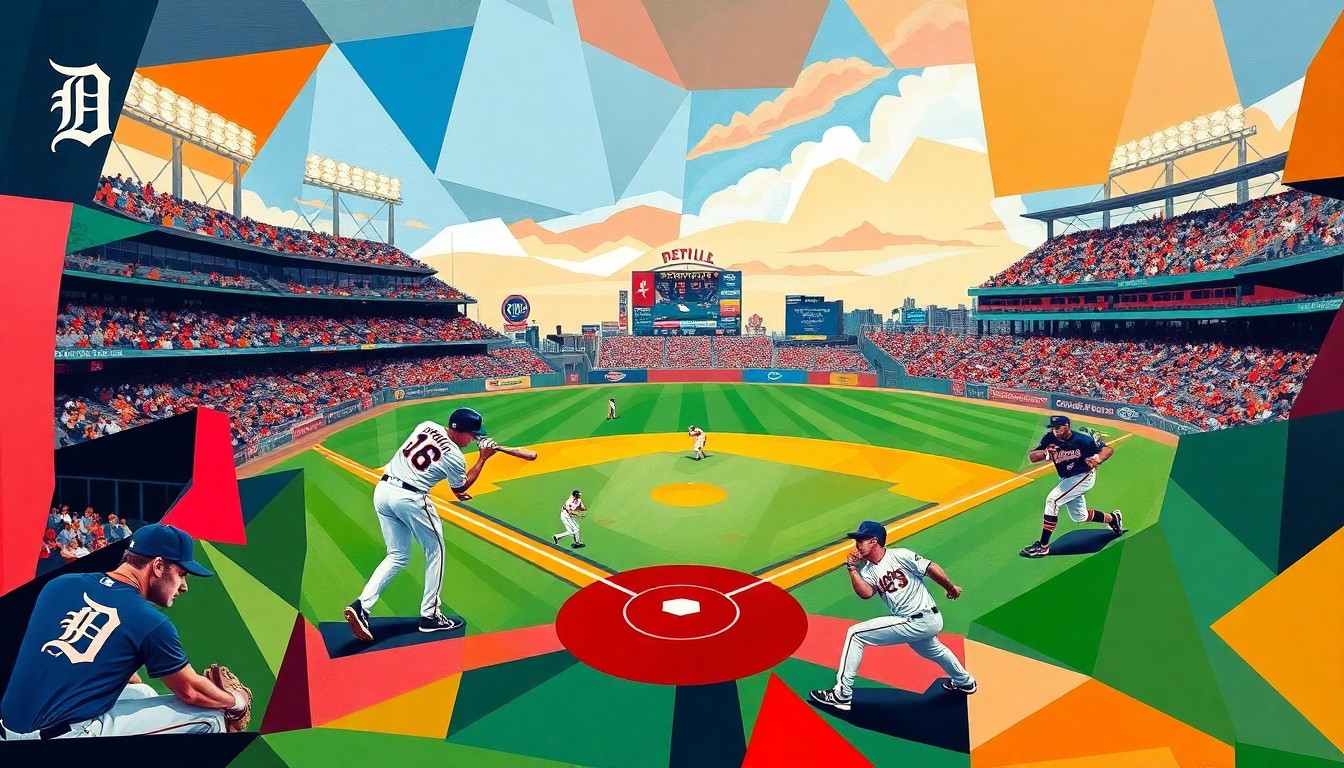 A fragmented, multi-perspective painting in bold, angular shapes and vibrant colors, representing a baseball game between the Detroit Tigers and Minnesota Twins in a cubist style.