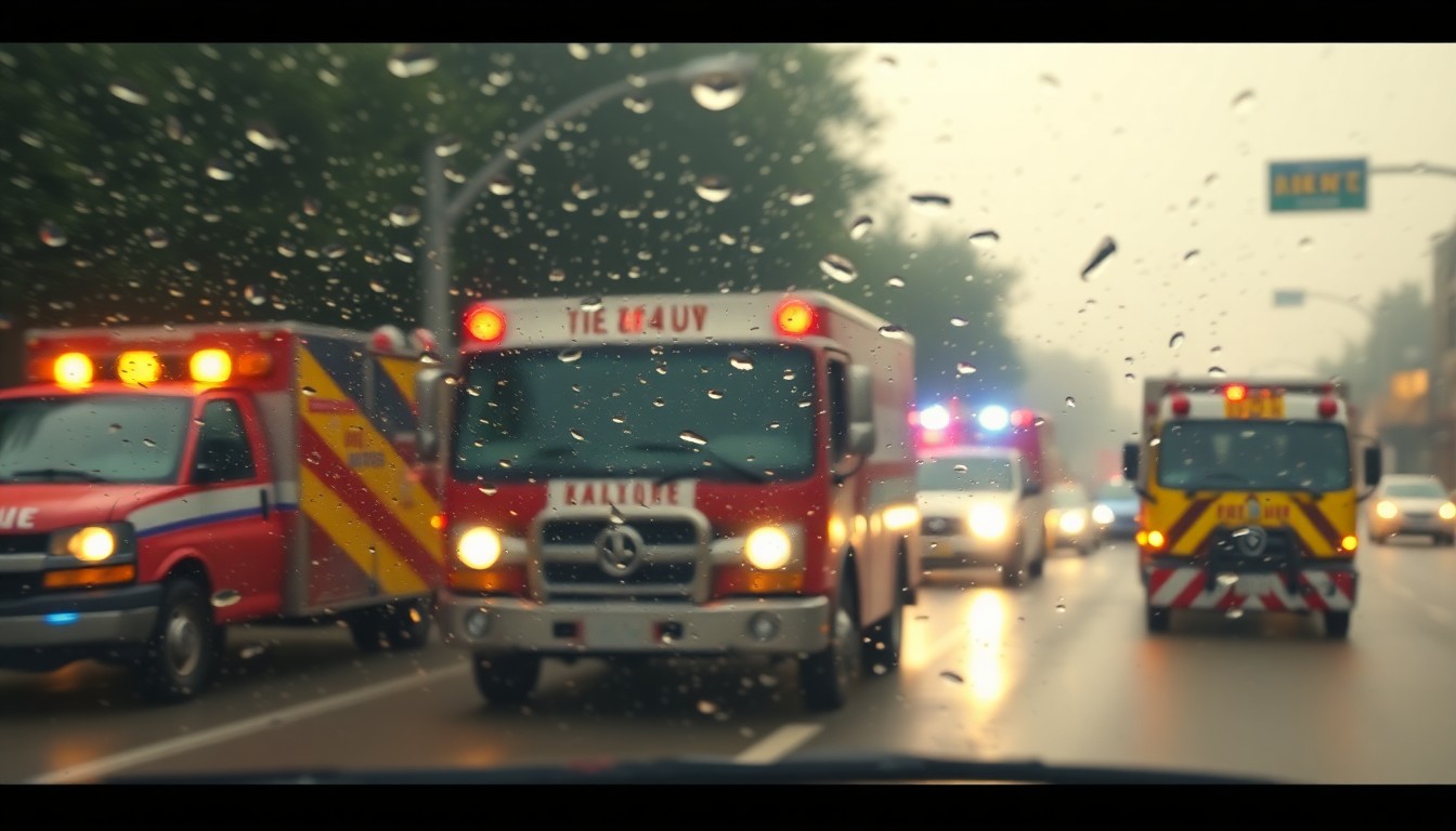 An abstract, impressionistic photograph showing the blurred silhouettes of emergency vehicles and first responders in action, captured through a rain-streaked windshield and rendered in a soft, atmospheric palette of warm colors.