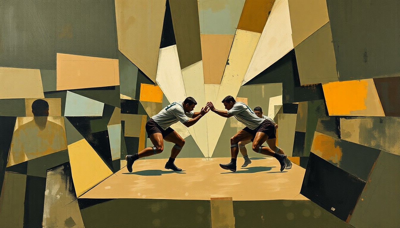 A fragmented, geometric painting in muted earth tones depicting an abstract wrestling match or competition, with sharp planes and angles overlapping to create a sense of motion and energy.