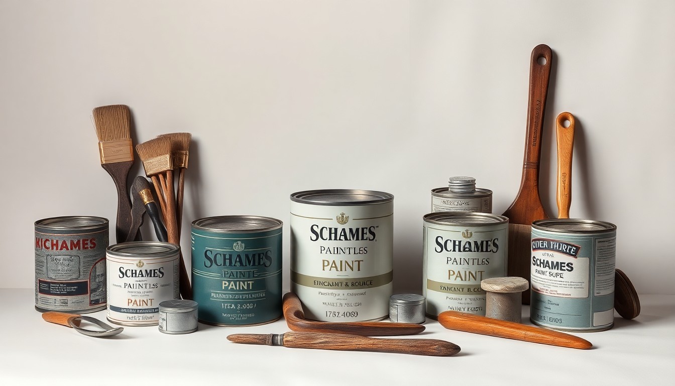 A high-end, photorealistic studio still-life photograph featuring a collection of vintage paint cans, brushes, and other hardware from the Schames paint store, arranged elegantly on a clean, monochromatic background and using dramatic lighting to convey a sense of the business's history and legacy.