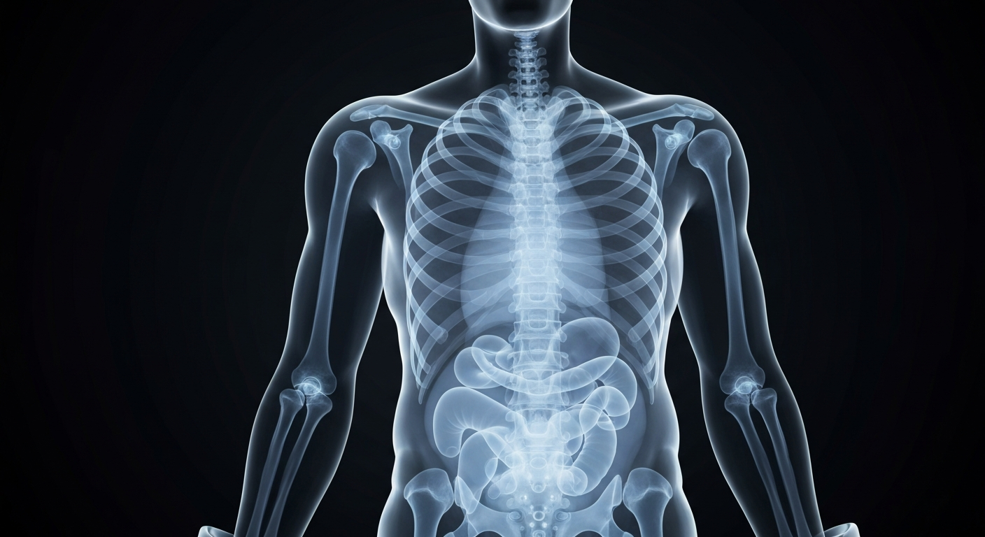 A ghostly, translucent X-ray image of a hockey player's torso, with the outline of the ribcage and internal organs glowing against a dark background, conceptually representing the fragility and resilience of the human body in the face of a serious health challenge.