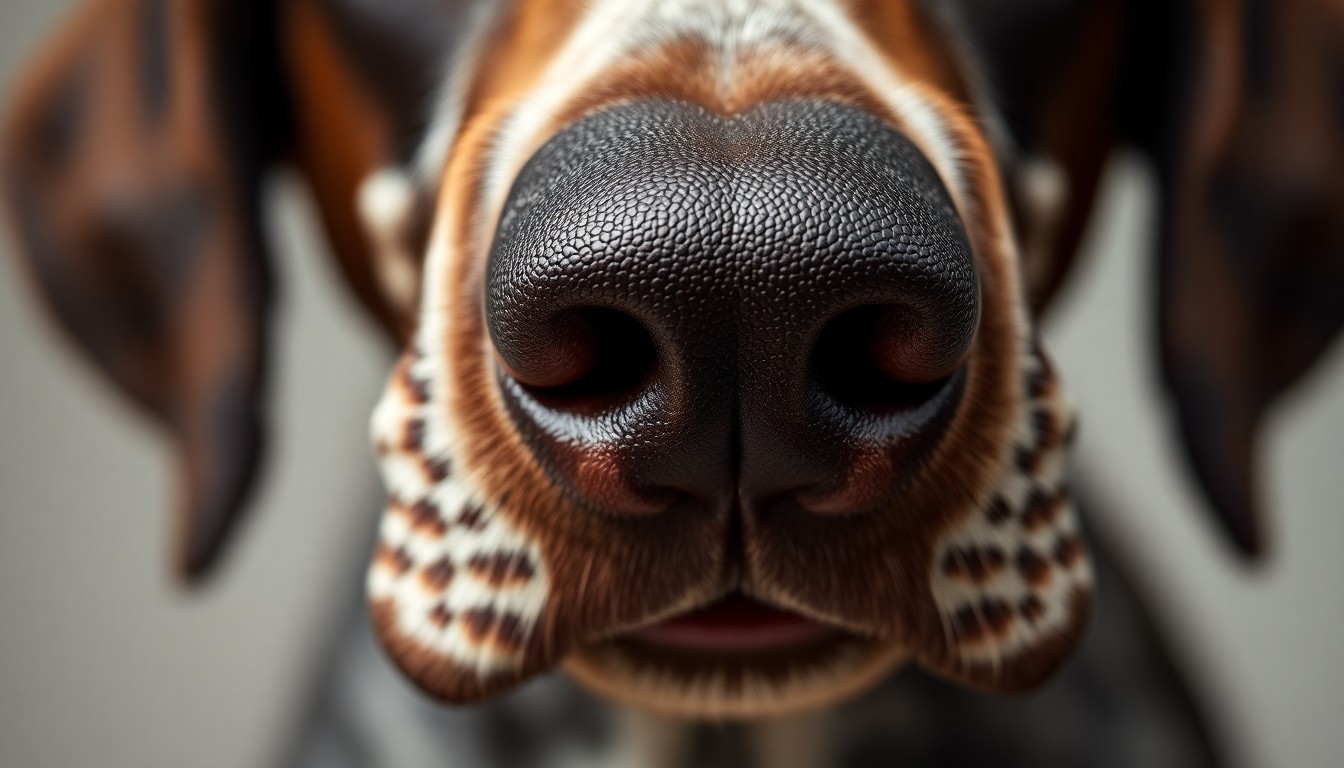 An extreme close-up photograph of a German Shorthair Pointer's nose, capturing the intricate textures and details of the dog's snout in a dramatic, moody style.