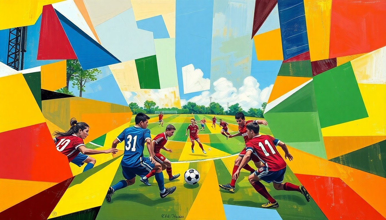 A fragmented, geometric painting in bold colors representing the action and intensity of a high school soccer game.