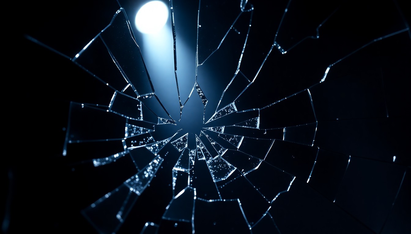 An abstract close-up photograph of a shattered mirror reflecting a single spotlight, conveying the fragility of celebrity and the need for mental health support.