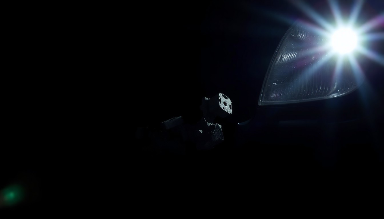 An extreme close-up photograph of a damaged car part or piece of evidence from the crime scene, lit by a harsh, direct camera flash against a pitch-black background, creating a stark, gritty, investigative aesthetic.